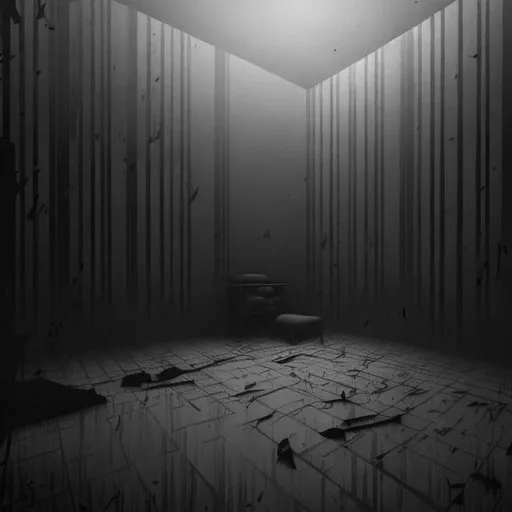 Prompt: A room representing the fear of isolation and losing yourself. The style is semi-realistic manga. The color pallet is gray scale. The mood is a bit dramatic, very creepy, moody, dark, and mysterious with melancholic undertones.