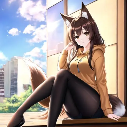 Prompt: oil painting, UHD, hd , 8k,  anime, hyper realism, Very detailed, zoomed out view, clear visible face, full body in view, clear visible face, fox girl character with long dark brown hair, wears a gold hoodie with black  pants, sitting the side of a building