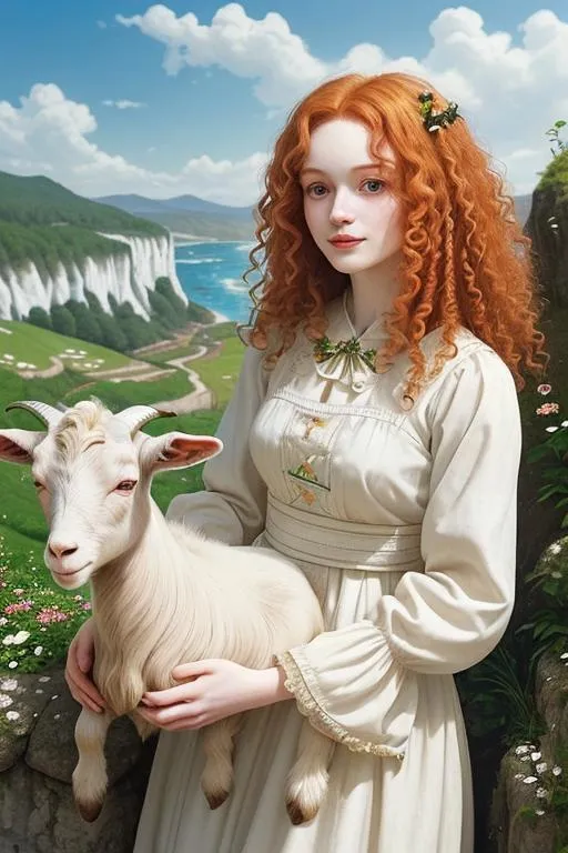 Prompt: Round face cut pale skin ginger curly hair bergère taking care of goats up a stunning view cliff, blooming spring, fresh vegetation, sunshine, wearing traditional dress