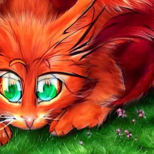 Prompt: Orange, red maned anime cute dragon with green eyes and red pupil with wings, horns in the shape of a V, feathery whiskers and a furry tail. Realistic kitty