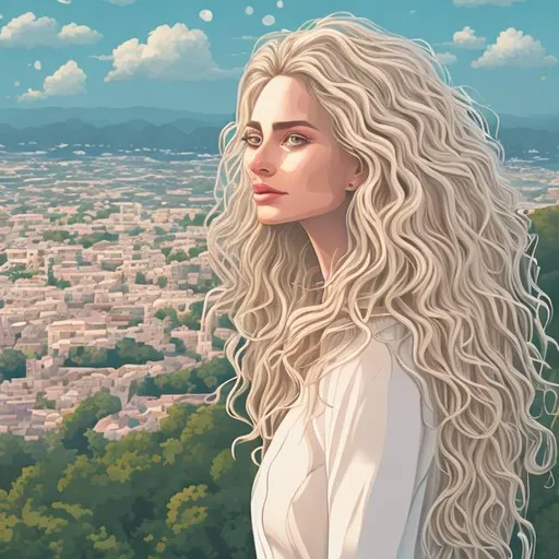 Prompt: Illustrated Portrait of A beautiful sophisticated Woman wavy white hair, impeccable, admiring the town in the distance, depth of field, in the style of Claire Leighton
