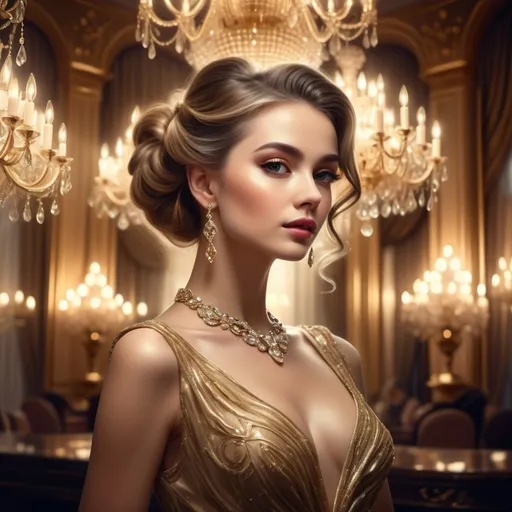 Prompt: Elegant lady in luxurious attire, opulent hairstyle, shimmering jewelry, graceful pose, dramatic soft lighting, sumptuous fabrics glimmering, confident expression, background of a lavish ballroom, warmth from a golden chandelier, enchanting ambiance, high-definition, ultra-detailed, glamorous atmosphere, sophisticated elegance, classic beauty