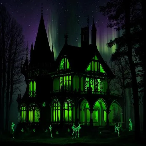 Prompt: Gothic mansion in the forest, with fairy lights, ghost lights, insects and green aurora in the night sky