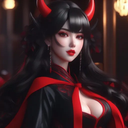 Prompt: 3d anime woman demon black hair and red outfit and red plump lips and a sweet innocent look and beautiful pretty art 4k full HD