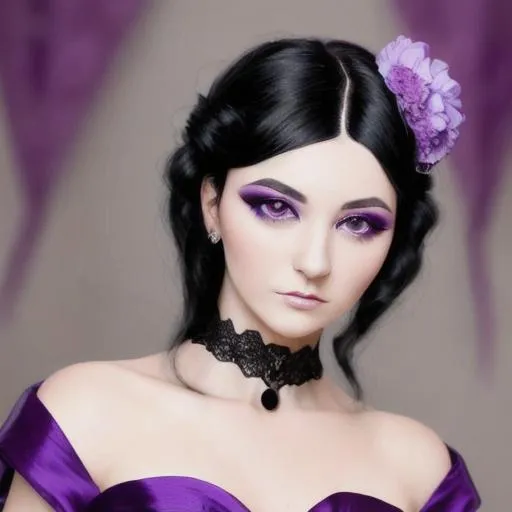 Prompt: A beautiful Victoria woman with black hair and violet eyes, wearing a purple gown