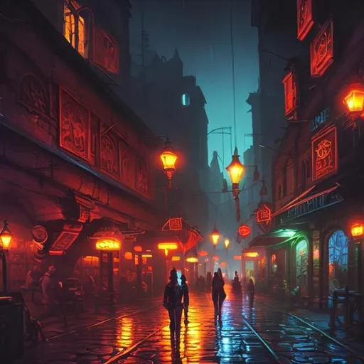 Prompt: Oil painting,Smooth lighting ,style of Ravenloft,art, in a city at night, bright neon lights.