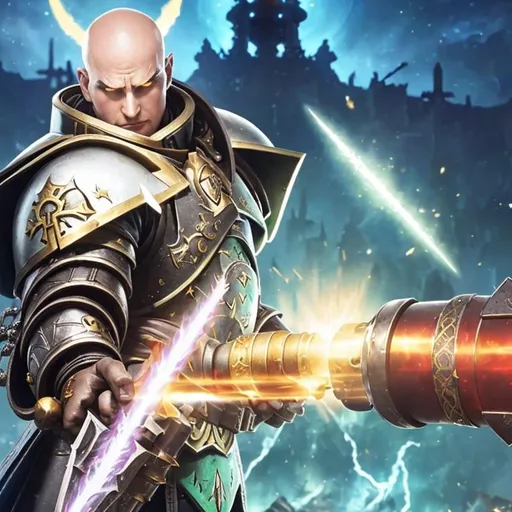 Prompt: warhammer 40k inquisitor holding his holy hammer in one hand and in the other hand an open holy book, the inquisitor is bald, with thick black armor with gold details, the hammer emanating blue and gold energy around the hammer's head. background a battlefield of space marines against necrons.