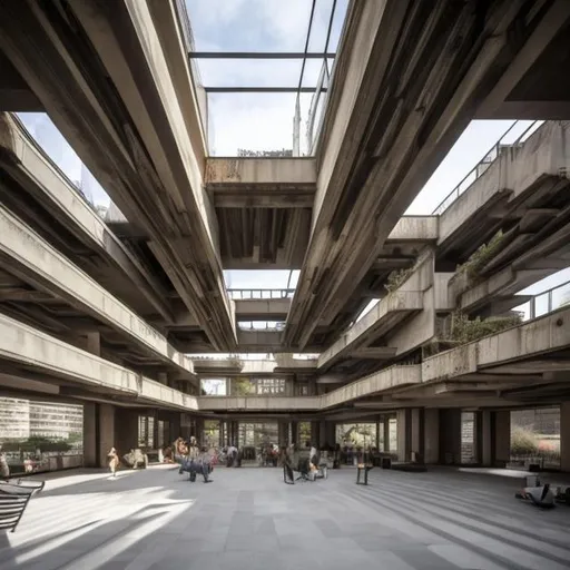 Prompt: a large multi story library with brutalist architecture and lots of skylights