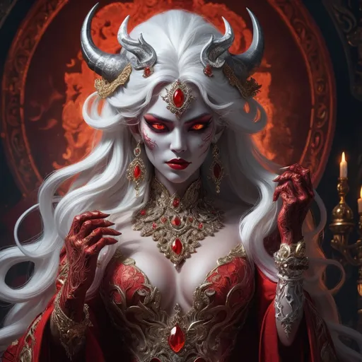 Prompt: Female demon, striking red skin, flowing white hair, adorned in lavish, intricate royal attire, exuding an air of power and elegance, adorned with ornate jewelry and accessories, set against a dramatic, shadowy background, evoking a sense of mystique and allure, high detail, vibrant colors, fantasy realm ambiance.