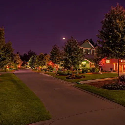 Prompt: a suburbian neighborhood at night, in full color