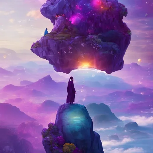 Prompt: Imagine a person standing at the edge of a cliff, with a clear view of a beautiful landscape ahead. The person has their arms outstretched and their eyes closed, as if in deep concentration. From their mind, vibrant thought bubbles are emanating, filled with various images representing their desired outcomes: a diploma symbolizing education, a globe representing travel, a dollar sign representing financial abundance, and so on. These thought bubbles are morphing into physical manifestations that hover in the air around the person, ready to be realized. Birds are soaring above them, representing freedom and endless possibilities. The scene is bathed in warm, golden sunlight, symbolizing positivity and empowerment. This concept visually captures the idea of transforming thoughts into real-world results through the power of manifestation.