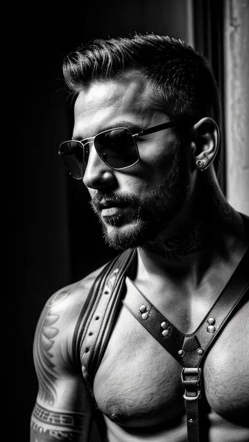 Prompt: Sensual, tattooed, shirtless man from a random continent, wearing sunglasses and a strapped leather harness, in an abandoned place near a window, cinematic, close-up bust portrait, grayscale, hyperrealistic, hyperdetailed, ambient light, perfect composition, provocative, textured skin, high contrast, profile portrait, 16K.