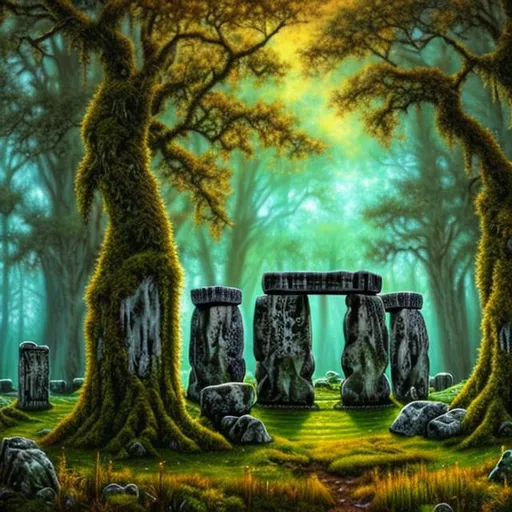 Prompt: photorealistic oil painting of an abandoned stonehenge temple in an oak forest, covered by moss, vibrant colors, magic aura