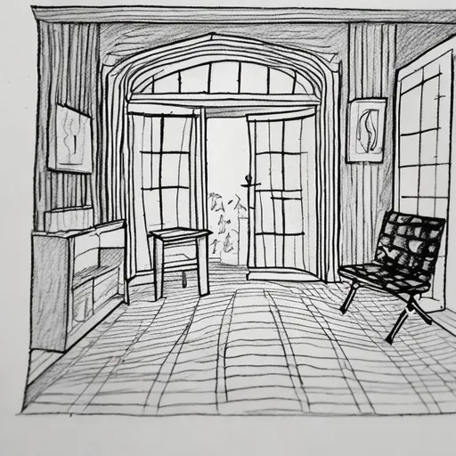 Prompt: a simple drawing of a room, the room has an open door, the room has a chair in it, the chair has a book on it, the book has a pen in it