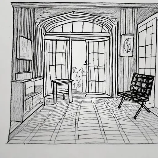 a simple drawing of a room, the room has an open doo...