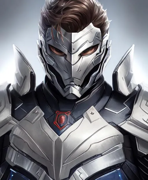 Prompt: high detail, a man wearing modern armor suit, two block hair, lighting soft skin, detailed face, digital art full body shot, looking at camera