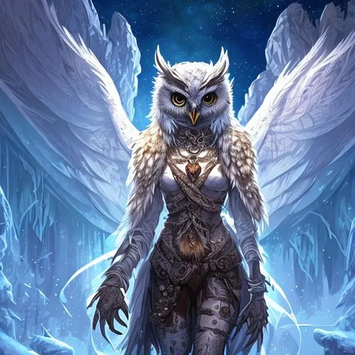 Prompt: dnd splash art of a female half owl humanoid druid of the stars, tall, elegant, white and brown feathers in an arctic forest background on a starry midnight sky
by Shaddy safadi