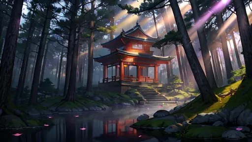 Prompt: pine forest with fog, ancient shrine, purple moss, waterfall, sunshafts, faeries, fallen tree, lanterns, cherry blossoms, pond, photorealistic