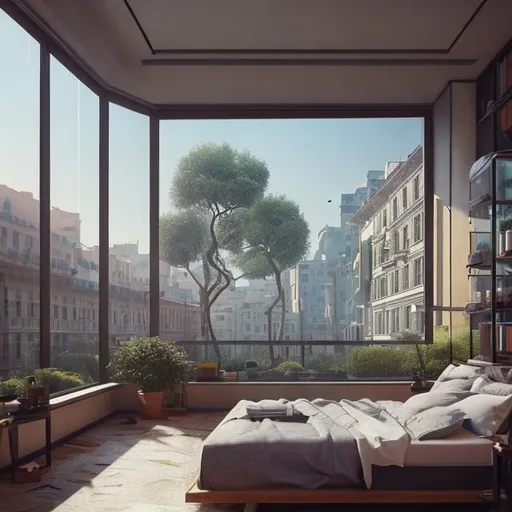 Prompt: bed room landscape architecture with big glasses, perspective view, sunny weather, cinematic photo, highly detailed, cinematic lighting, ultra-detailed, ultrarealistic, photorealism, 8k, octane render, 