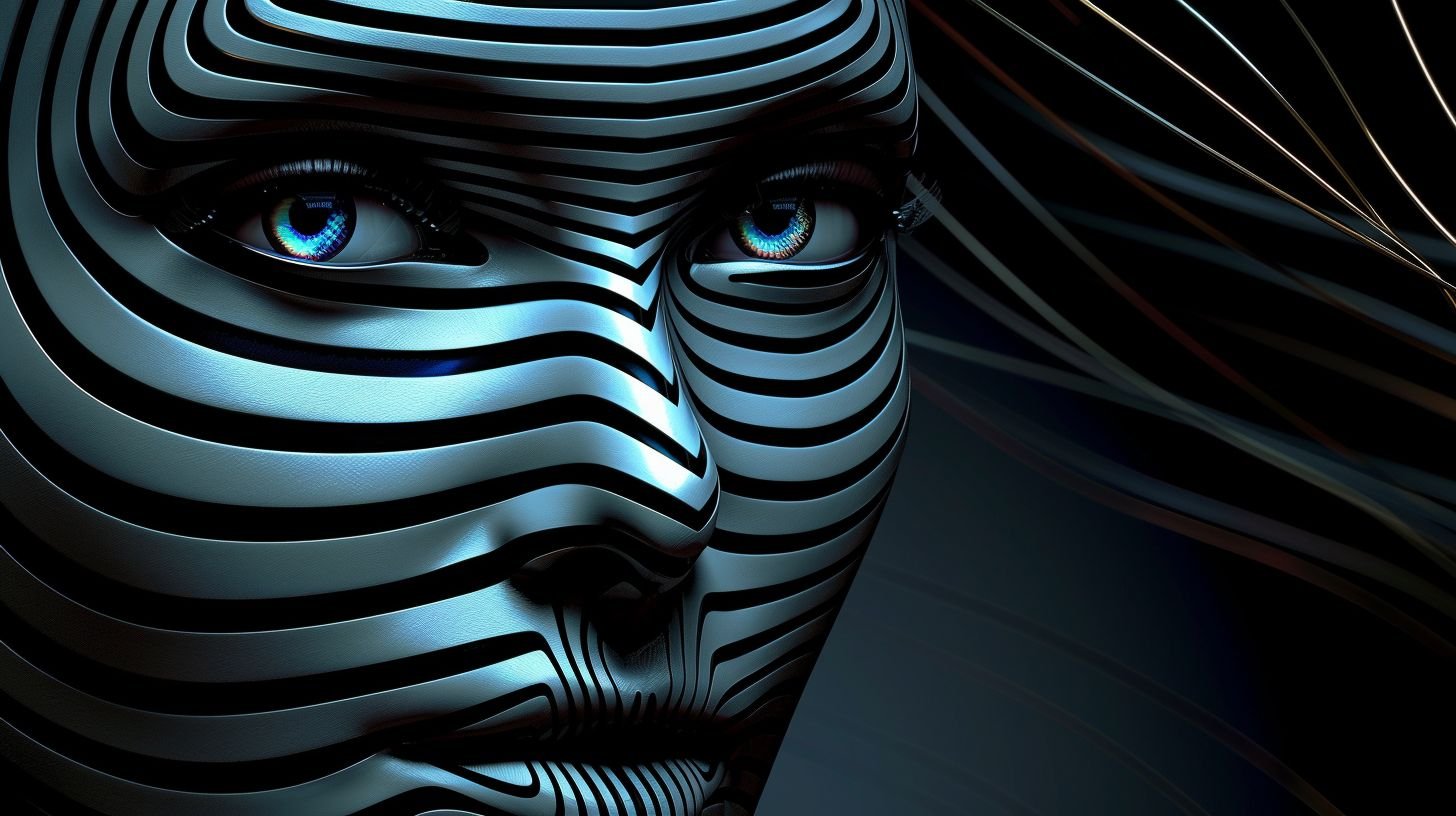 Prompt: Create an image of a human-like face with a futuristic aesthetic. The face should be framed by abstract, metallic elements that evoke a sense of advanced technology. Include sleek stripes of alternating colors across the face that complement the overall color scheme, but allow the eyes to be clearly visible, radiating a sharp, piercing look. The facial features should be detailed and realistic, with a touch of surrealism that blends organic and synthetic elements seamlessly. The background should be dark to highlight the subject, with subtle highlights that suggest a high-tech environment.