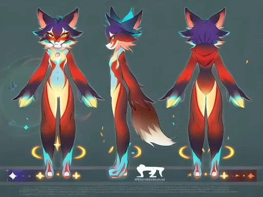 Prompt: A dreamlike state of color clean lines, pastel high contrast of an anthro fursona adult female furry red fox wearing a purple cozy hoodie with constellations adorning the sleeves who's rainbow and in the light, main color red and blue, surface like an oil spill, high detail, full animal, artstation, splash of color, dynamic lighting full body in frame, unwarped face