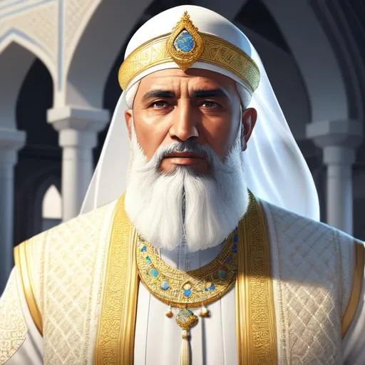 Prompt: Muslim old king in muslim cap, Repeatable, white clothes, Peppered Dress, processional studio, highly detailed, perfect composition, hyperrealistic, super detailed, 8k, high quality, Splash art, front, epic Instagram, artstation, hyperdetailed intricately detailed, unreal engine, intricate detail, complementary colors, 8k, heavy strokes,