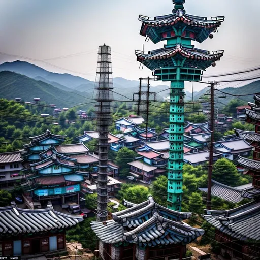 Prompt: In a rustic Korean town, a pagoda is very obviously a disguised cellphone tower. Its roof corners and eaves are adorned with abundant telecommunications equipment. While only partially camouflaged, the tower still retains its identity as a cellphone tower. Carefully placed antennae and satellite dishes can be found on its rooftop. The camera, attuned to capturing this intriguing sight, employs a wide-angle lens to encompass the tower and its surroundings. Inspired by the works of contemporary photographers like Fan Ho and Edward Burtynsky, this image showcases the art of blending technology with cultural heritage.