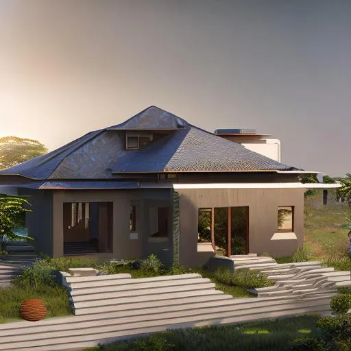 Prompt: modern design of beautiful detailed family house with a roof and intricate and artistic congolese rare minerals details with elements of precolonial Congolese inspiration kinshasa, sunny, volumetric natural light, cinematic light, ultra realistic, vray, far view, perspective landscape
