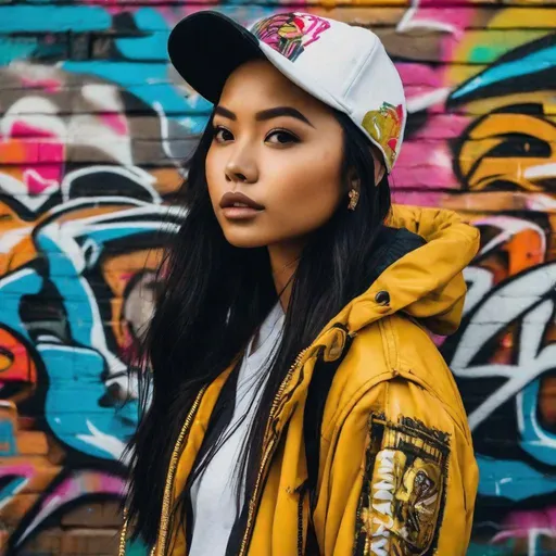 Prompt: graffiti art, pretty young Indonesian woman, 25 year old, (round face, high cheekbones, almond-shaped brown eyes, small delicate nose, long black hair in braids, baseball cap), bright puffer jacket, hip hop clothes, large gold jewelry,dynamic pose, dirty old street, colorful graffiti walls