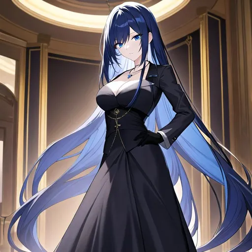 Prompt: masterpiece, best quality, 8k, anime, in casino , blue eyes, girl, gambler, very long hair, cobalt hair, black highlight ,black long coat, long skirt, black gloves, azure necklace