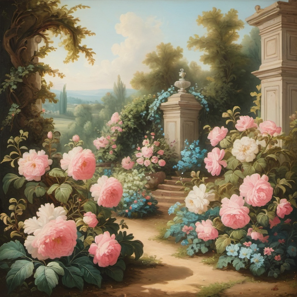 Rococo style painting of flower bushes growing in a...