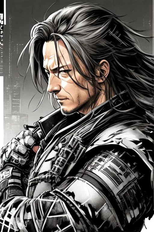 Prompt: (((Yoji Shinkawa))), sticker of ultra detailed portrait of Jason Isaacs as a cyberpunk samurai in black/silver armor. high quality cell shaded illustration in post apocalyptic style by Yoji Shinkawa, ((full body)), dynamic pose, perfect anatomy, centered, freedom, soul, silver long hair, approach to perfection, cell shading, 4k , cinematic dramatic atmosphere, watercolor painting, global illumination, detailed and intricate environment, artstation, concept art, fluid and sharp focus, volumetric lighting, cinematic lighting, Art by Yoji Shinkawa,