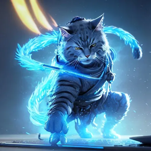 Prompt: Blue ninja cat with samurai sword, and computer keyboard, photorealistic, unreal engine 5, RTX, ray tracing, fine detail fur, glowing eyes, flowing Japanese sun headband