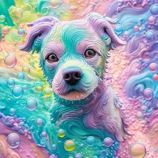 Prompt: Swirling pastel dog made of bubbles and droplets, vibrant and pastel colors, high quality, abstract, dynamic, bubble art, splashes of color, flowing shapes, detailed dog head, dynamic and vibrant, vibrant bubbles, vibrant droplets, modern, artistic, colorful, vibrant lighting, abstract art, Pastel