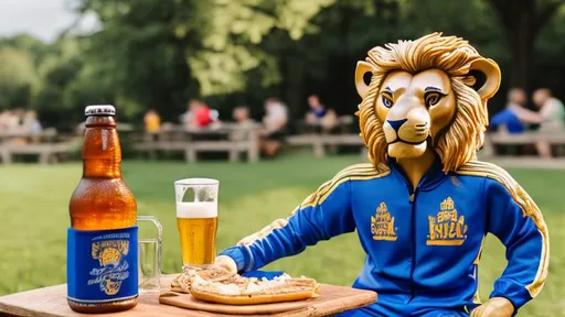 Prompt: a smiling lion sits at a picnic table wearing a royal blue and gold track suit is about to sip from a larger stein of beer in a beer garden with friends 