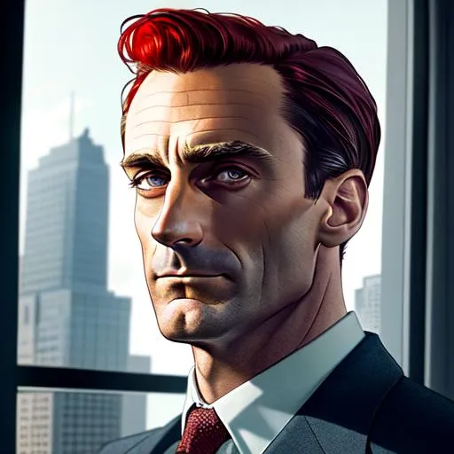 Prompt: Portrait of John Hamm as Howard Roark from the Fountainhead by Ayn Rand, with reddish hair and with stoic face, sits on a window side, holds a cigarette, city background, perfect composition, hyperrealistic, super detailed, 8k, high quality, trending art, trending on artstation, sharp focus, studio photo, intricate details, highly detailed, by greg rutkowski, The Fountainhead