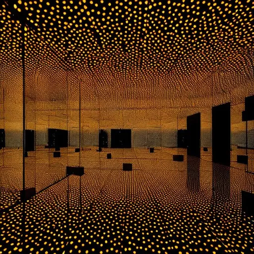 Prompt: view from center of Yayoi Kusama’s Infinity Mirror Room with bronze lighting