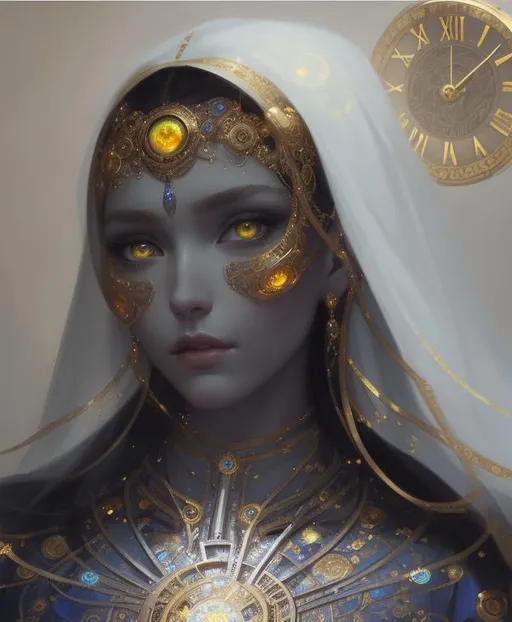 Prompt: the time goddess. She controls the time. stunning face. she is made of clock internal pieces.  Intricate iridescent metallic details. Light golden eyes color.beautiful background. gerhartz, artgerm, rutkowski, van Gogh style 