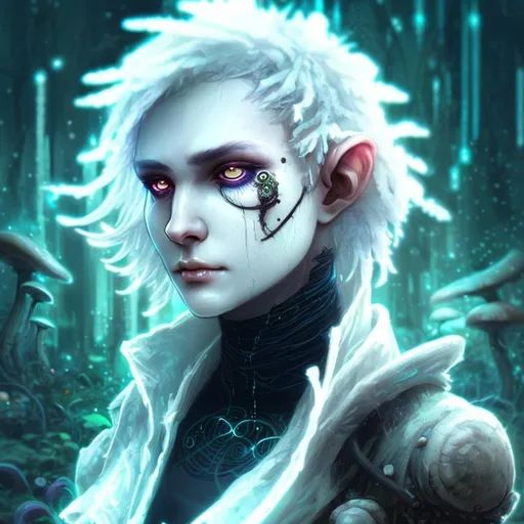 Prompt: Cyberpunk, white skin, changeling, druid, nature magic, short asymmetrical white hair, colorless eyes, circle of spores druid, androgynous, mushroom