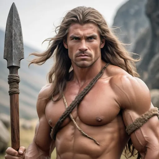 Prompt: STONE-AGE warrior THICKLY MUSCLED HANDSOME LONG HAIR