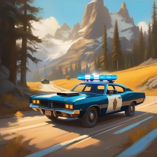 Prompt: Skyrim, car chase, cops, cartoony, sunny atmosphere, extremely detailed painting by Greg Rutkowski and by Henry Justice Ford and by Steve Henderson