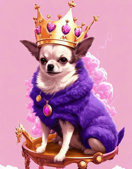 Prompt: Chihuahua Dog , Sitting in a King Chair, with a Crown , Pink Background with Clouds, high resolution , Poster , 4k , Studio Ghibli Art Style , Centered