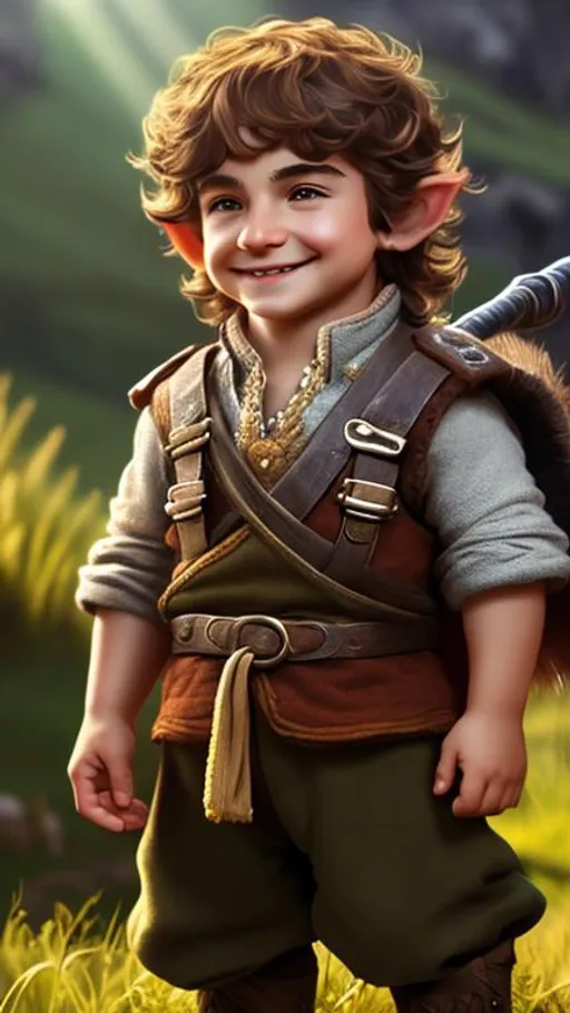 Prompt: Young halfling male, muttonchops, brown hair, large smile, teeth showing, peasant clothes, short, hobbit, farmer, farm, sunshine rays, featured on artstation, hyper detailed, realism