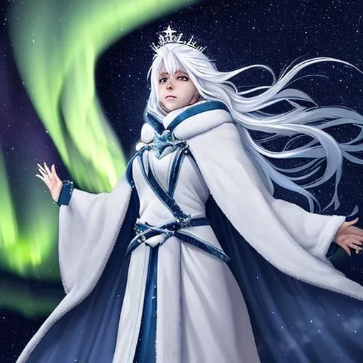 Prompt: Name: Winter Frostbane
Occupation: Star Gazer and Astrologer
Description: Winter is a serene and introspective individual who spends countless nights beneath the Northern Lights, studying the celestial movements. With a crown of ice-white hair and a cloak adorned with shimmering stars, Winter's deep understanding of the night sky allows them to predict events and offer guidance to those seeking answers.
