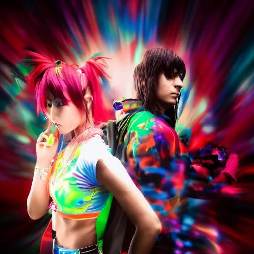 Prompt: Medium shot Hyper realistic; anime, splash art; raver man; raver woman, romantic couple, break dance, urban graffiti, street art, color splash background; natural lighting, ambient lighting, in studio lighting
