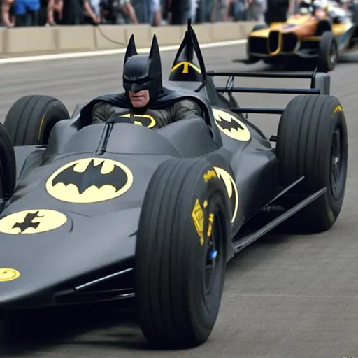 Prompt: Batman drives in the Indy 500