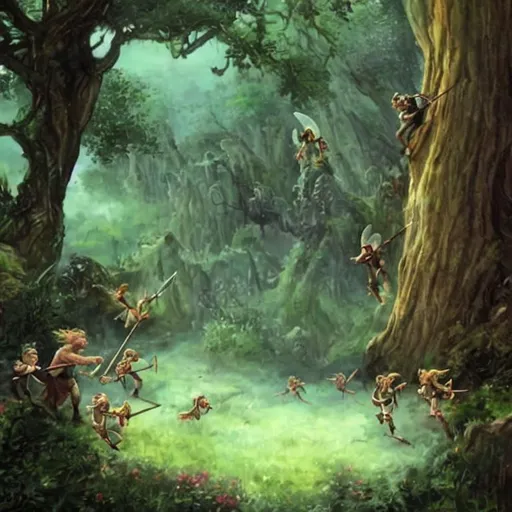 Prompt: fairies chasing orcs with spears
