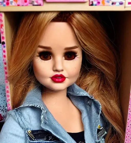 Prompt: Debby Ryan turned into a doll. Jn a doll box on a shelf. Up close photo