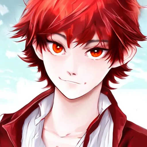 Prompt: Anime boy with red diamond eyes and red hair