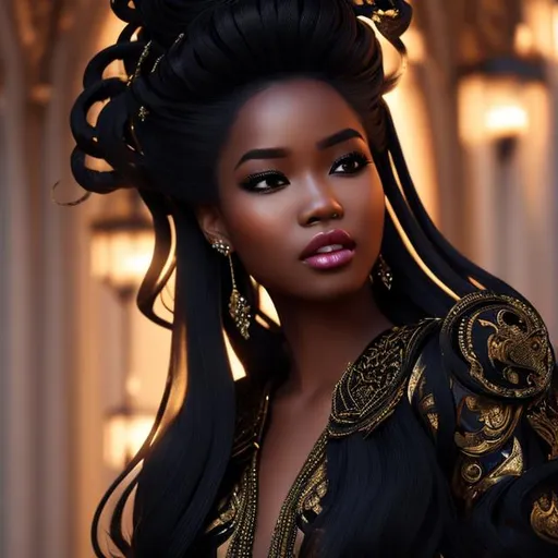 Prompt: Digital art of black woman, as royalty, in flowing dress, full body, by Choi hye yeon, by Mangle, by POYA, highly detailed, long blonde hair, broad nose, smooth skin, perfect, imagine engine rendering, realistic eyes, 